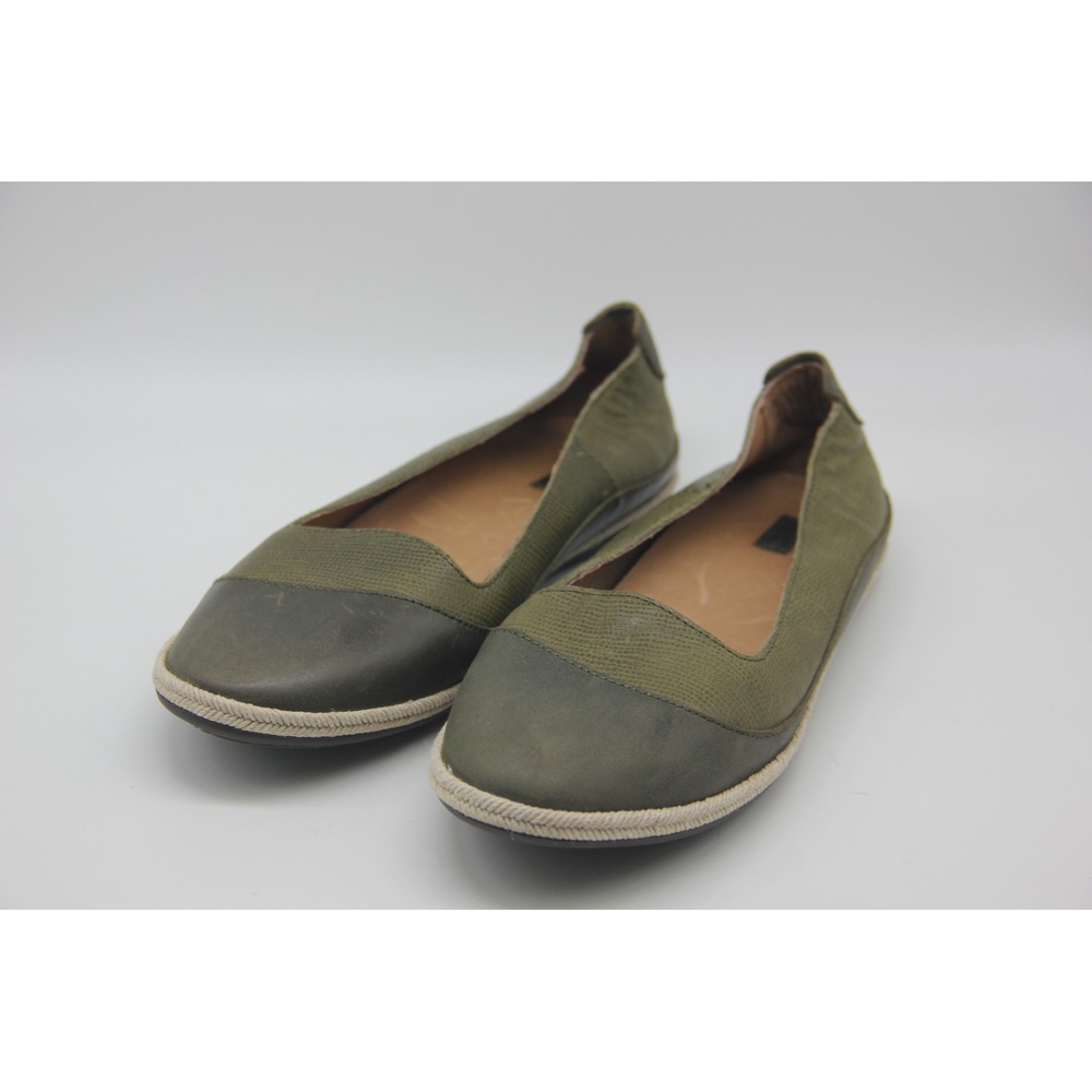 OluKai Shoes Womens 10 Green Leather Lino Ballet Flats Slip On Comfort Casual
